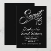 Moderne silberne schwarze Chrom Sweet 16 Einladung (Vorne/Hinten)