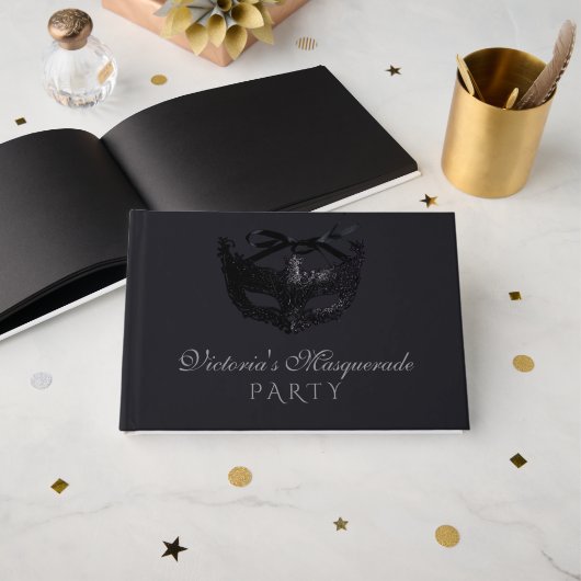 Moderne silberne schwarze Maskenparty Gästebuch (Vorderseite Offen)