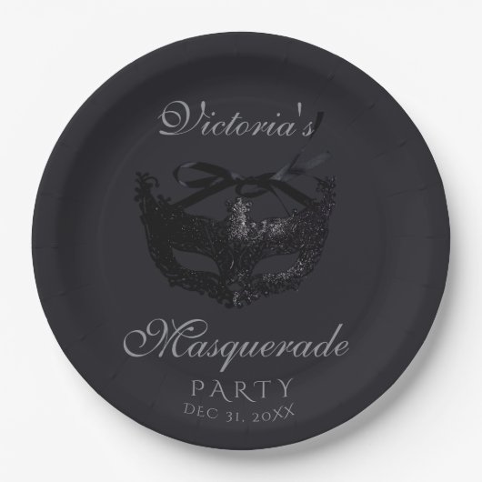 Moderne silberne schwarze Maskenparty  Pappteller (Vorderseite)