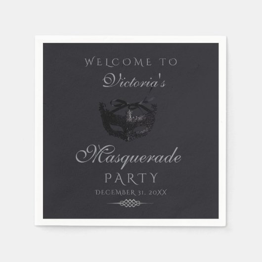 Moderne silberne schwarze Maskenparty Serviette (Vorderseite)