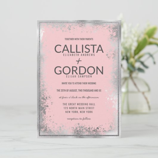 Moderne Silberrosa Spritzer Glitzer Border Wedding Einladung (Stehend Vorderseite)