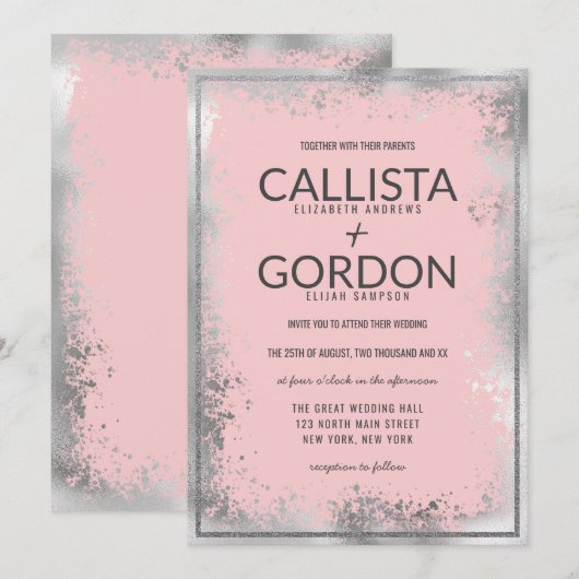 Moderne Silberrosa Spritzer Glitzer Border Wedding Einladung (Vorne/Hinten)