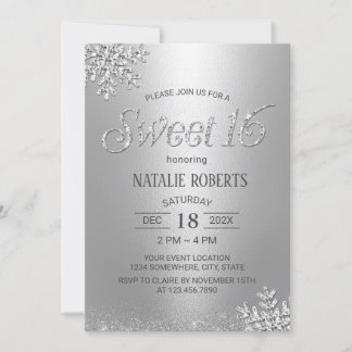 Moderne Silberschneeflocken Winter Sweet 16 Geburt Einladung
