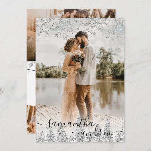 Moderne Silberschneeschrift 5 Fotos Hochzeit Einladung (Vorne/Hinten)