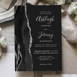 Moderne Silberschwarze Agate Dunkle Hochzeit Folieneinladung
