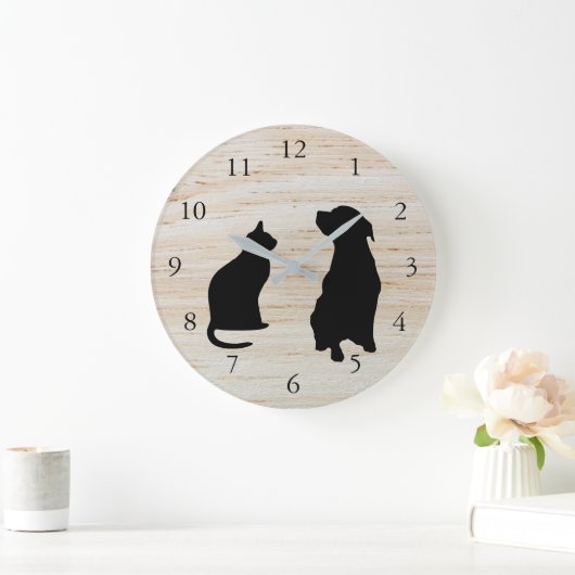 Moderne Silhouetten mit Katzenhund Haustiere aus H Große Wanduhr (Zuhause)
