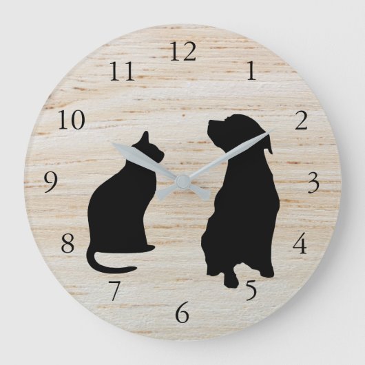 Moderne Silhouetten mit Katzenhund Haustiere aus H Große Wanduhr (Vorderseite)