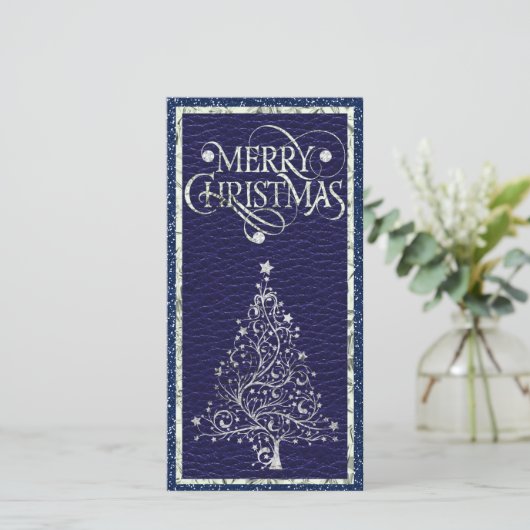 Moderne Silver and Blue Christmas Tree Flat Card (Stehend Vorderseite)