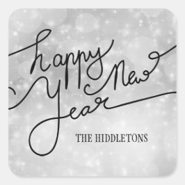 Moderne Silver Bokeh Muster glücklich Neujahrsschr Quadratischer Aufkleber