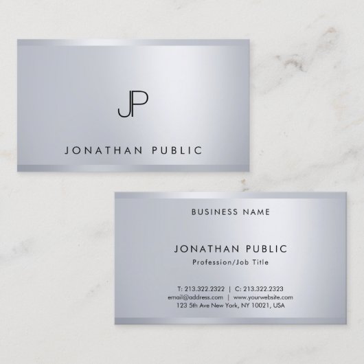 Moderne Silver-elegante Monogram-Vorlage Visitenkarte (Vorne/Hinten)