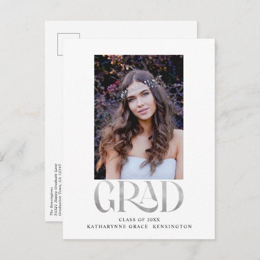 Moderne Silver Foil Foto Graduation Party Ankündigungspostkarte (Vorne/Hinten)