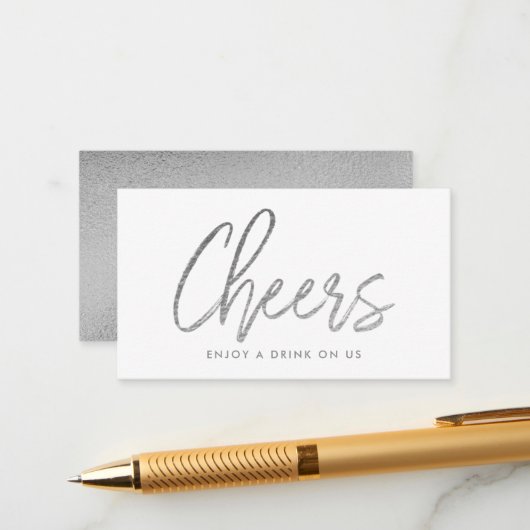 Moderne Silver Foil Script "Cheers" Drink Ticket Begleitkarte (Vorderseite/Rückseite Beispiel)