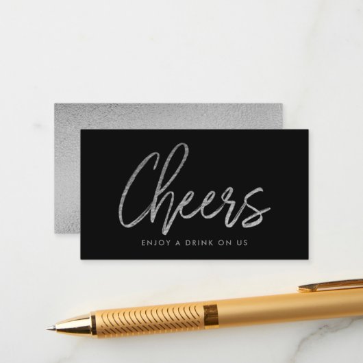 Moderne Silver Foil Script "Cheers" Drink Ticket Begleitkarte (Vorderseite/Rückseite Beispiel)