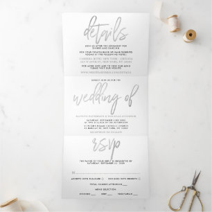 Moderne Silver Foil Script Wedding Suite Dreifach Gefaltete Einladung