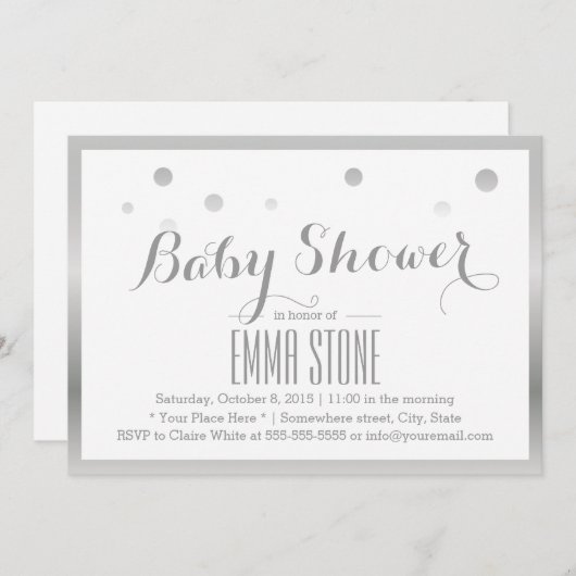 Moderne Silver Frame Confetti Dots Babydusche Einladung (Vorne/Hinten)