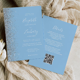 Moderne Silver Glitzer Baby Blue QR Code Hochzeit Einladung