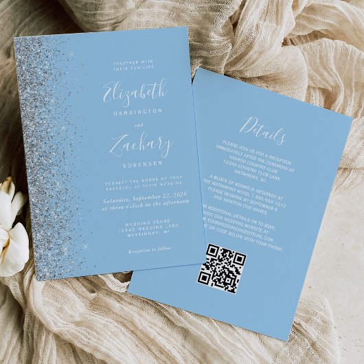 Moderne Silver Glitzer Baby Blue QR Code Hochzeit Einladung