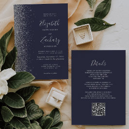 Moderne Silver Glitzer Dark Blue QR Code Hochzeit Einladung