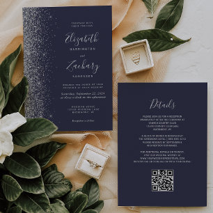 Moderne Silver Glitzer Dark Blue QR Code Hochzeit Einladung