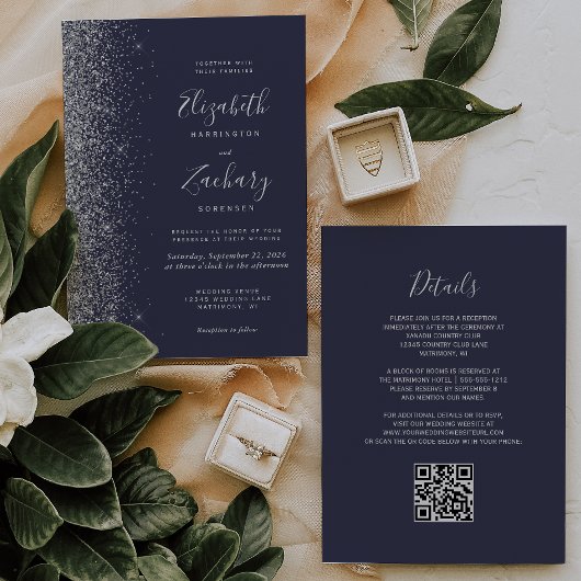 Moderne Silver Glitzer Dark Blue QR Code Hochzeit Einladung