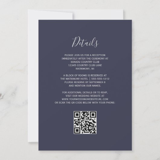 Moderne Silver Glitzer Dark Blue QR Code Hochzeit Einladung (Rückseite)
