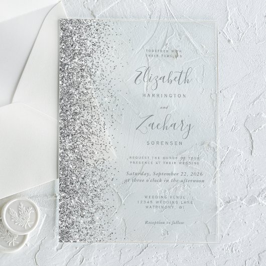 Moderne Silver Glitzer Edge Wedding Acryleinladungen