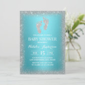 Moderne Silver Glitzer Feet Turquoise Kinderdusche Einladung (Stehend Vorderseite)