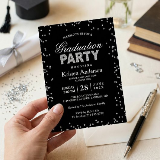 Moderne Silver Glitzer Glitzern Graduation Party Einladung
