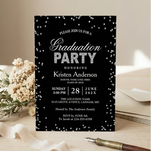 Moderne Silver Glitzer Glitzern Graduation Party Einladung
