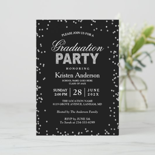 Moderne Silver Glitzer Glitzern Graduation Party Einladung (Stehend Vorderseite)