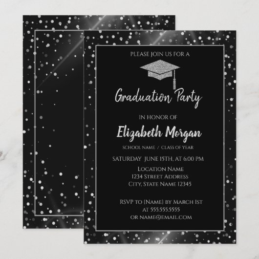 Moderne Silver Glitzer Graduation Cap,Polka Dots Einladung (Vorne/Hinten)