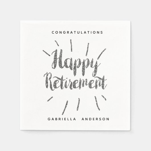 Moderne Silver Glitzer Happy Retirement Serviette (Vorderseite)