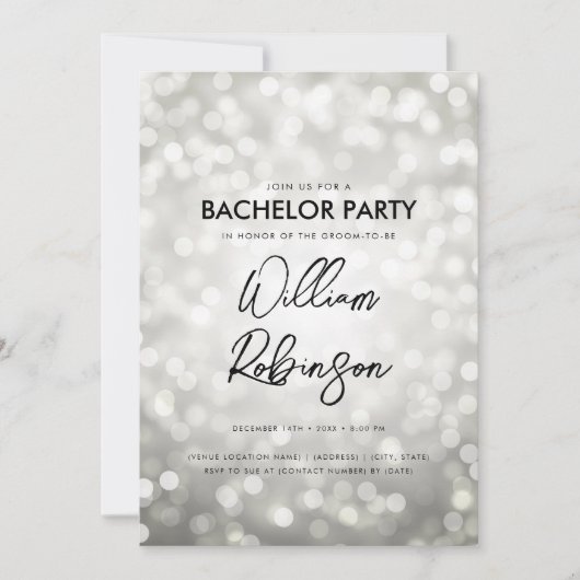 Moderne Silver Glitzer Lights Bachelor Party Einladung (Vorderseite)