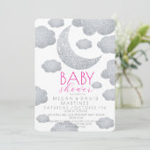 Moderne Silver Glitzer Moon Baby Dusche Einladung (Stehend Vorderseite)