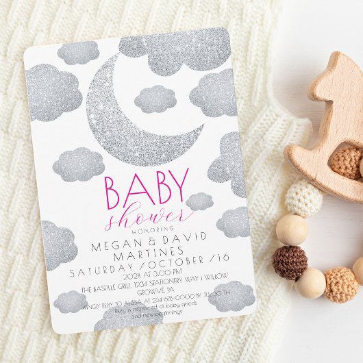 Moderne Silver Glitzer Moon Baby Dusche Einladung