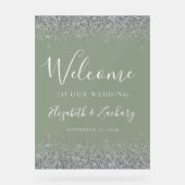 Moderne Silver Glitzer Sage Green Wedding Willkomm Acrylschild (Vorderseite)