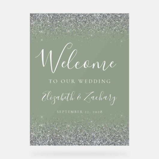 Moderne Silver Glitzer Sage Green Wedding Willkomm Acrylschild (Vorderseite)