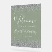 Moderne Silver Glitzer Sage Green Wedding Willkomm Acrylschild (Winkel)