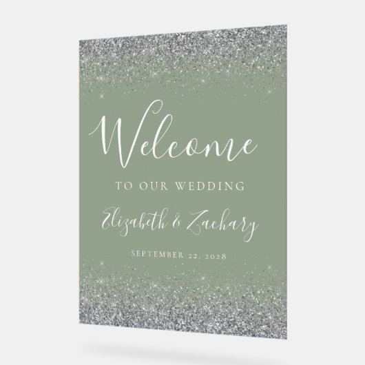 Moderne Silver Glitzer Sage Green Wedding Willkomm Acrylschild (Winkel)