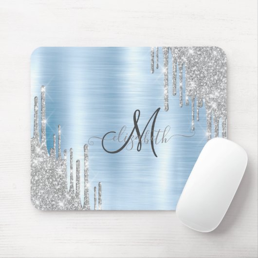 Moderne Silver Glitzer Tropfen Blue Metallic Monog Mousepad (Mit Mouse)