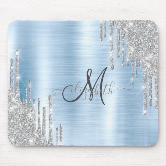Moderne Silver Glitzer Tropfen Blue Metallic Monog Mousepad (Vorne)