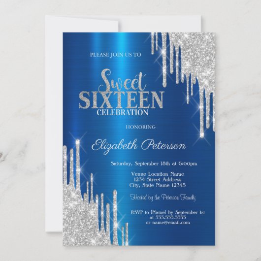 Moderne Silver Glitzer Tropfen Metallic Blue Sweet Einladung (Vorderseite)