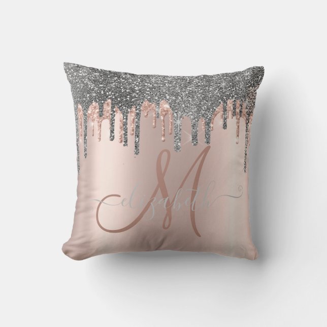 Moderne Silver Glitzer Tropfen Rose Gold Monogram Kissen (Vorderseite)