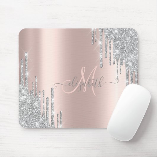 Moderne Silver Glitzer Tropfen Rose Gold Monogram Mousepad (Mit Mouse)