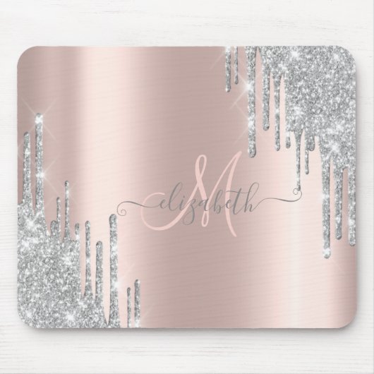 Moderne Silver Glitzer Tropfen Rose Gold Monogram Mousepad (Vorne)