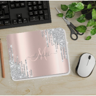 Moderne Silver Glitzer Tropfen Rose Gold Monogram Mousepad