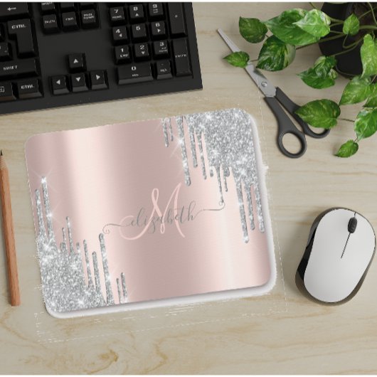 Moderne Silver Glitzer Tropfen Rose Gold Monogram Mousepad