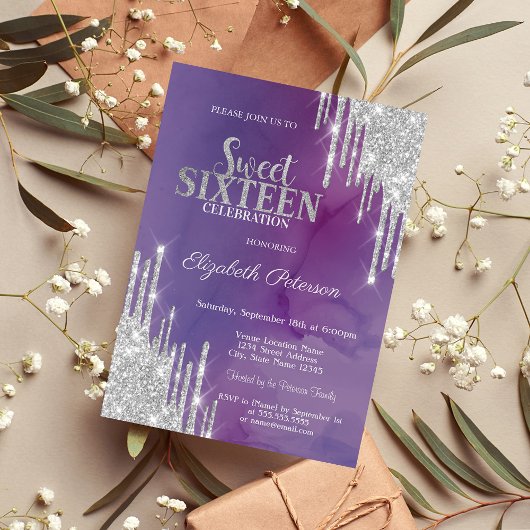 Moderne Silver Glitzer Tropfen Violet Sweet 16 Einladung
