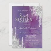 Moderne Silver Glitzer Tropfen Violet Sweet 16 Einladung (Vorderseite)