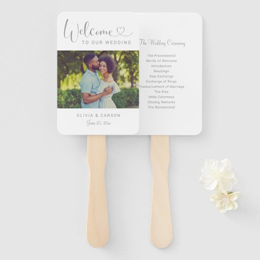 Moderne Silver Heart Script Hochzeitsfeier Foto Fächer (Vorne und Hinten)